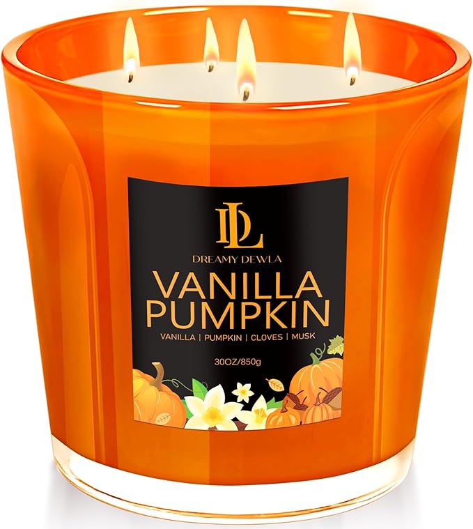 Large Fall Candle Vanilla Pumpkin Scented, 4 Wick Natural Soy Candles for Home Scented, 30oz Big Autumn Candle Long Lasting, Home Aromatherapy Candles Housewarming Gift for Women Men
