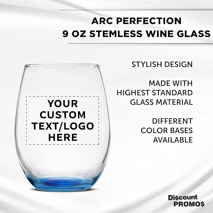 DISCOUNT PROMOS Custom Stemless Wine Glass 9 oz. Set of 10/50/100, Personalized Bulk Pack - Great for Wedding Favors, Bachelorette Party Decorations, Party Favors - Blue