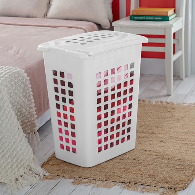 Sterilite Rectangular LiftTop Laundry Hamper with Lid, Handles to Easily Carry Clothes Between the Laundry Room and Bedroom, Plastic, White, 12-Pack