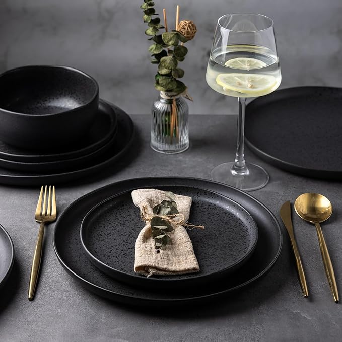 AmorArc Ceramic Dinnerware Sets, Wavy Rim Stoneware Plates and Bowls Sets, Highly Chip and Crack Resistant | Dishwasher & Microwave Dishes set, Service for 4 (12pc)-Speckled Matte Black