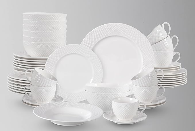 HomeVss, New Bone China Dinnerware Set, Embossed Diamond Design, 48pc Set