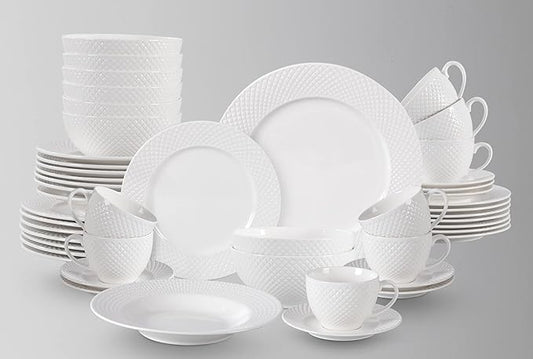 HomeVss, New Bone China Dinnerware Set, Embossed Diamond Design, 48pc Set