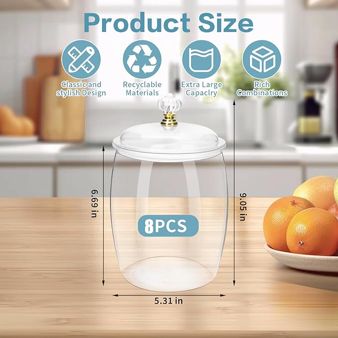 8 Pack 64 Oz Plastic Candy Jar with Lids, Airtight Clear Cookie Storage Containers, Leakproof Apothecary Style Kitchen Organization for Home, Wedding, Pantry & Bathroom Decor