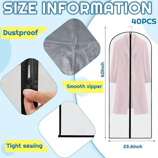 Amylove 40 Pack 60/40inch Garment Bags for Hanging Clothes with Zipper, Clear Garment Dress Covers PEVA Suit Protector for Closet Storage Travel Coat Gown Jacket Organizer(24 x 60 Inch)