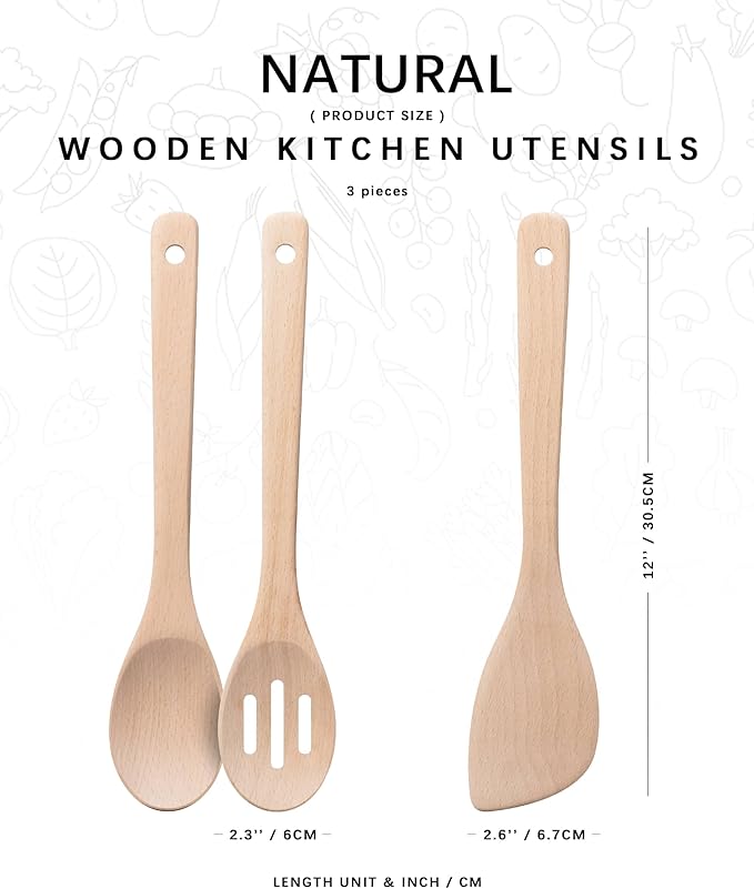 Wooden Spoons for Cooking, 3-Piece Wood Utensil Set Includes Slotted Spoon, Spoon & Wooden Spatula for Cooking – Uncoated Beech Wood Kitchen Utensil Set – 12 Inch Hardwearing Tools
