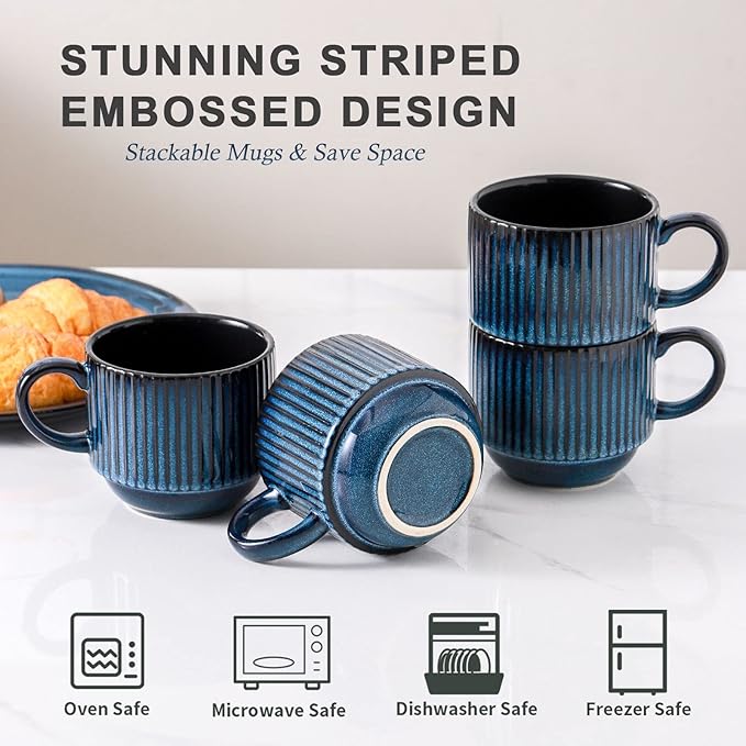 HASENSE Large Coffee Mug Set of 4 with Holder - 15 Oz Stackable Ceramic Ribbed Latte Cup Set for Cappuccino, Tea, Hot Cocoa, Drinks - Dishwasher & Microwave Safe, Navy