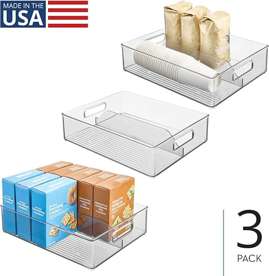 iDesign Divided Pantry Bin with Handles for Pantry, Refrigerator, or Freezer - Set of 3 - Clear