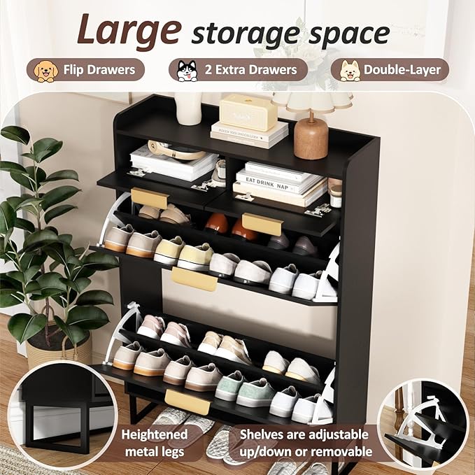 Fluted Shoe Cabinet Storage for Entryway – Narrow Shoe Rack with 2 Flip Drawers & 2 Storage Drawers, Freestanding Hidden Shoe Organizer for Foyer, Hallway (Black)