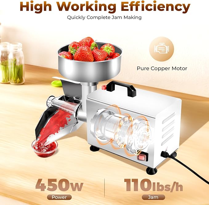 Electric Tomato Strainer, 450W Commercial Tomato Sauce Jam Maker with Handle & Adjustable Trough 304 Stainless Steel Food Press Sauce Maker Food Strainer for Tomatoes Strawberry Blueberry Sauces Etc