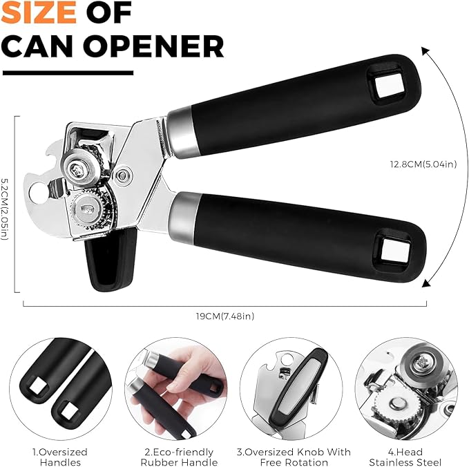 Can Opener Manual - Stainless Steel Heavy Duty Tin Opener Smooth Edge, Food-Safe Comfortable to Grip, Dishwasher Safe Anti Slip, Soft Ergonomic Handles Handheld Can Opener for Seniors Kitchen Camping