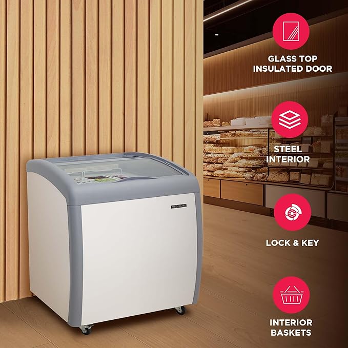 Frigidaire Commercial Chest Freezer for Ice Cream and Frozen Foods, Store Displayer, Glass Top Storage Case, 4 Cu. Ft. Bin, Rolling Caster Wheels, Adjustable Temperature, Energy Efficient Cooling
