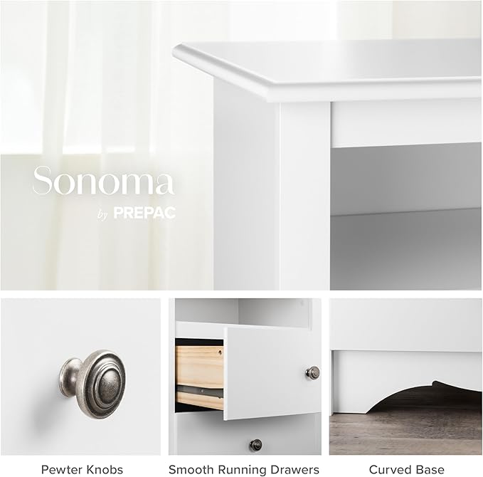 Prepac Sonoma 6-Drawer Double Dresser for Bedroom, Wide Chest of Drawers, Traditional Bedroom Furniture, 59" wide x 17.5" deep x 29" tall, White