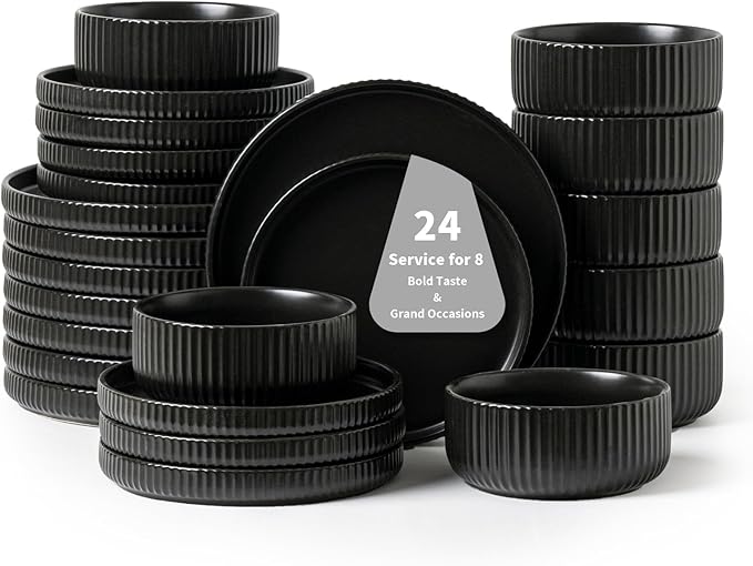 24 Piece Dinnerware Set,Bold Black Dish Set with Plates and Bowls for 8 – Premium Ceramic Tableware for Hosting & Large Gatherings