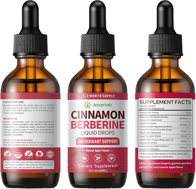Berberine Drops with Ceylon Cinnamon Bitter Supplement,Berberine HCL Liquid Drops with Turmeric,Green Tea,Apple Cider Vinegar,Black Seed Oil for Overall Support & Digestive System 2 FL OZ