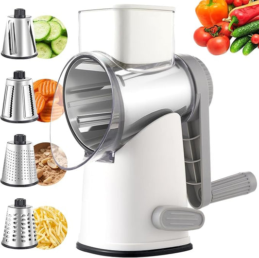 Rotary Cheese Grater with 4 Blades, Hand Crank Cheese Grater with Waffle Slicer, Black and White Cheese Slicer with Suction Base, Easier for Shredding& Grating (White and Grey, 4 Graters)