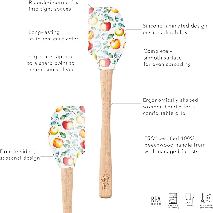 Tovolo Apple Orchard Fall Spatula With Wood Handle for Cooking Baking Mixing Meal Prep, Autumn Spatulart Fall Apple Kitchen Utensil Decor Spatulas Silicone Heat Resistant BPA Free