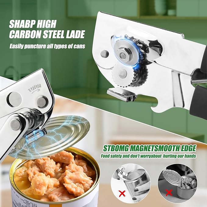 2Pcs Commercial Can Opener Stainless Steel Handheld Can Opener Smooth Edge with Easy Crank Handle Black Swing Grips for Bulk Cans and All Size Cans