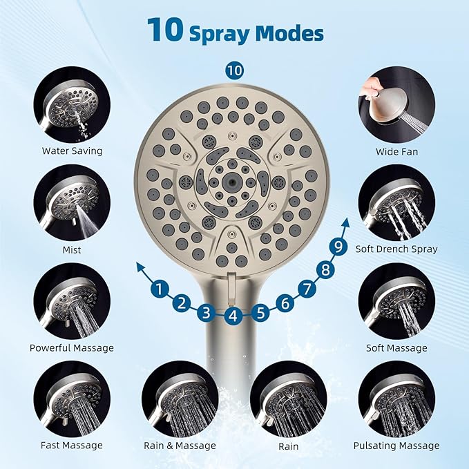 Hibbent All Metal Shower Head, 10'' High Pressure Rain Shower Head/Handheld Showerhead Combo with 16'' Adjustable Arc-shaped Extension Arm, 10 Sprays, 71'' Hose, Showerhead Holder, Brushed Nickel