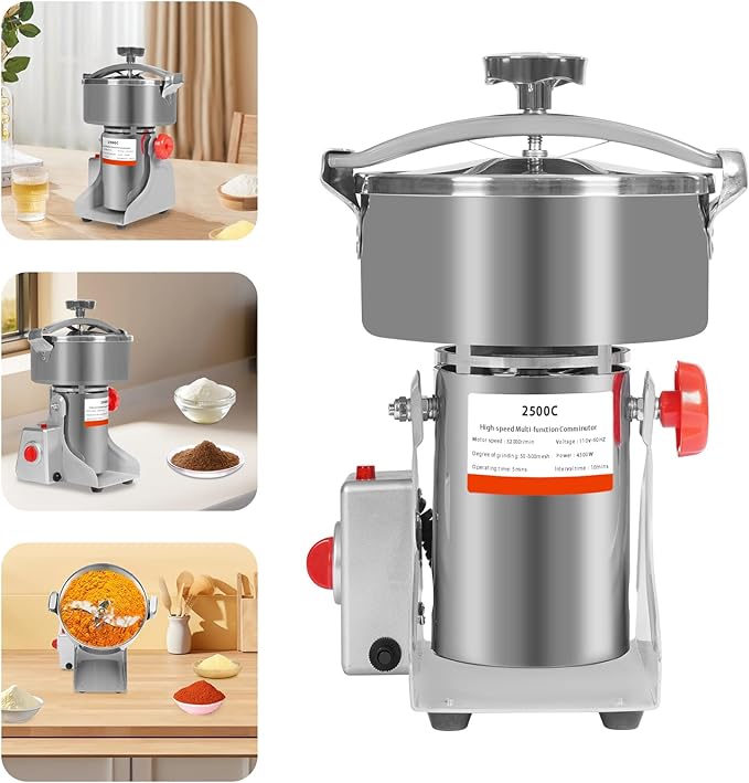 2500g Electric Grain Mill Grinder with High-pressure Cover, High Speed 4500W Commercial Grinders, Stainless Steel Machine for Dry Grains, Coffee, Corn(2500g/5.5lbs - B)
