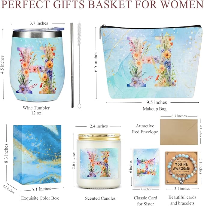 Personalized Gifts Monogrammed Birthday Gifts for Women, Bridesmaid Bachelorette Party Christmas Initial Wine Tumbler Makeup Bag Scented Candle Bracelet Set, (Aesthetic Blue Flower H)
