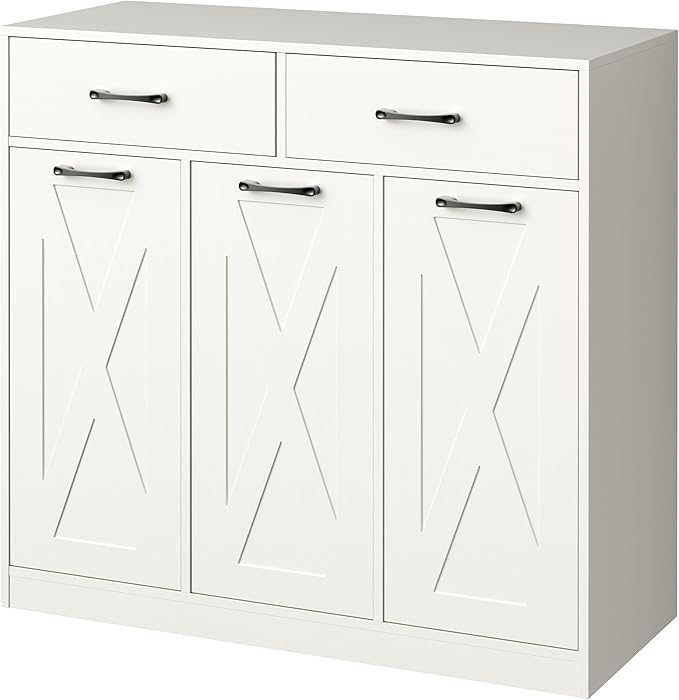 Laundry Hamper Cabinet with Pull-Out Bags, 2 Drawers & Top Shelf, Hidden Laundry Basket Storage, 3 x 15.87 Gallons, Laundry Storage Cabinet for Laundry Room, Bedroom White YL01XLW