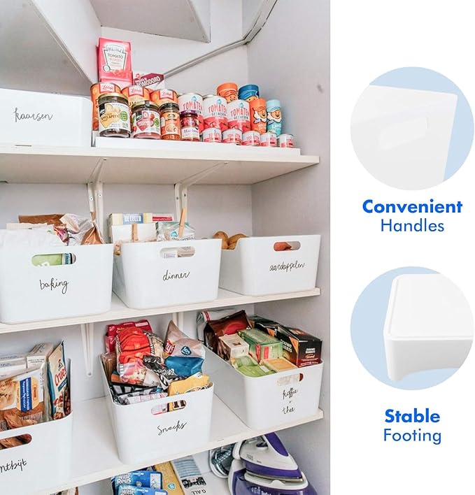 large- 2 pack White Plastic Storage Bins for Shelves, Closet Kitchen Storage Containers for Pantry Bathroom Office Organization Baskets, Cabinet Organizing Containers, White Organizer Bins for Shelves