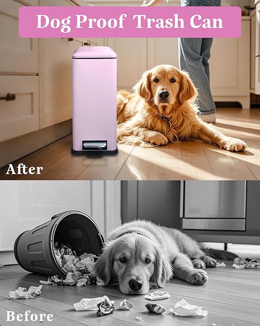 Pink Trash Can, 2.6 Gallon Bathroom Trash Can with Lid, Stainless Steel Garbage Can with Removable Liner Bucket, 10 Liter Rectangle Step Trash Bin for Office, Kitchen, Bedroom, Living Room