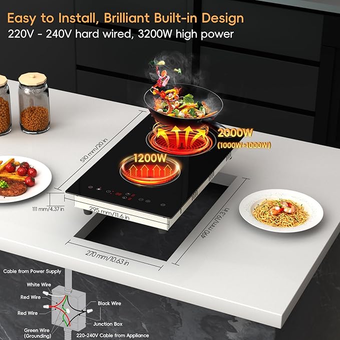 Electric Cooktop 2 Burner, 3200W Radiant Electric Stove Top 240V with Built-in Design, 12 inch Touch Control Ceramic Cooktop with Safety Lock, 9 Level Power, Timer - Hard Wire