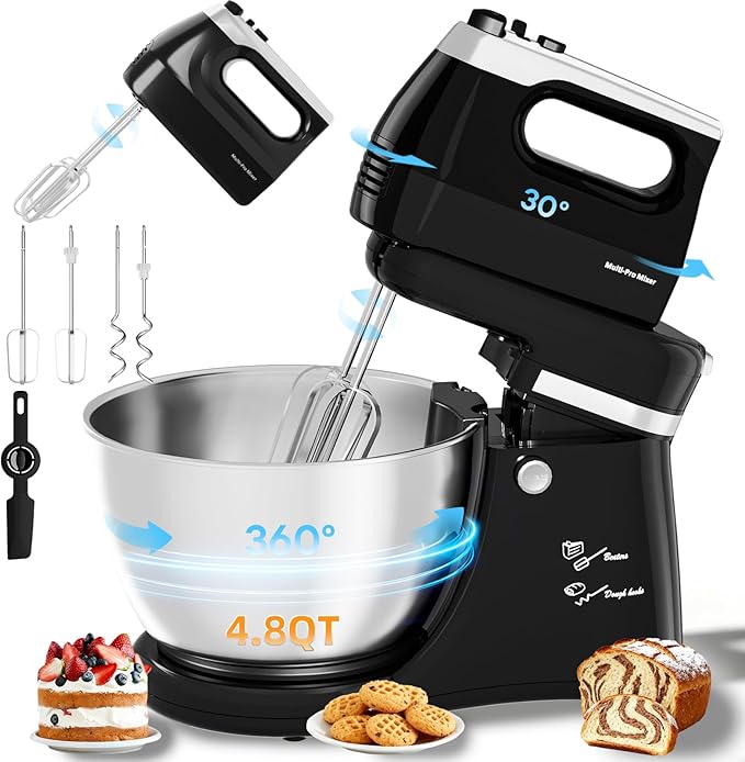 Stand Mixer Hand Mixer Electric Kitchen - Automatic 4.8 QT Auto-Rotating Bowl & Beater Standing Mixer, Tilt-Head 5-Speed Household Mixer with Beaters & Dough Hooks for Baking, Black
