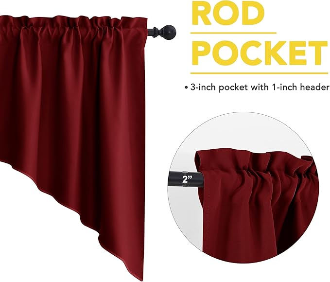 NICETOWN Blackout Pole Pocket Kitchen Tier Curtains- Tailored Scalloped Valance/Swags for Living Room/Home Decor/Thanksgiving (One Set, 36" W X 36" L Each Panel, Burgundy)