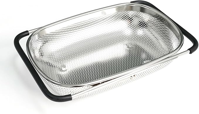REDANT Over the Sink Metal Strainer and Colander for Kitchen - Large Food Strainers and Colanders with Rubber Grip - Sieve Fine Mesh Stainless Steel for Spaghetti, Pasta, Rice, Fruits, Vegetables