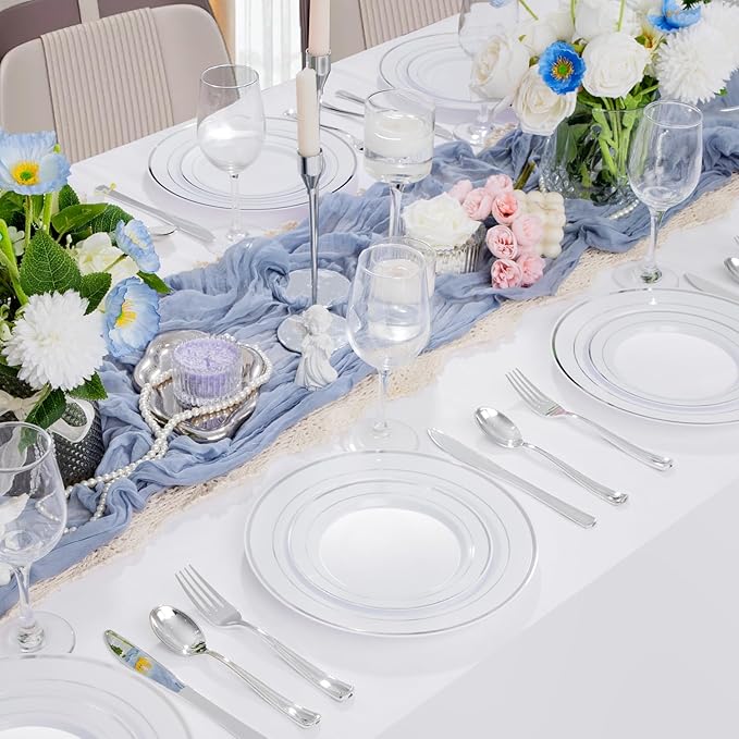 Supernal 102pcs White and Silver Plastic Plates Disaposable Party Plates White Silver Rim Heavy Duty Fancy Silver Plastic Dinnerware Set included 51 Dinner & Dessert Plates for Birthday and Wedding