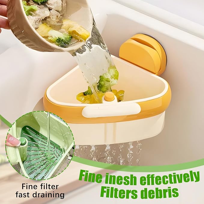 Suction Cup Sink Corner Rack,Sink Strainer Basket,Plastic Sink Storage Rack Holder,Triangle Sink Filter Basket,Corner Sink Trash Catcher for Food Waste (Orange)
