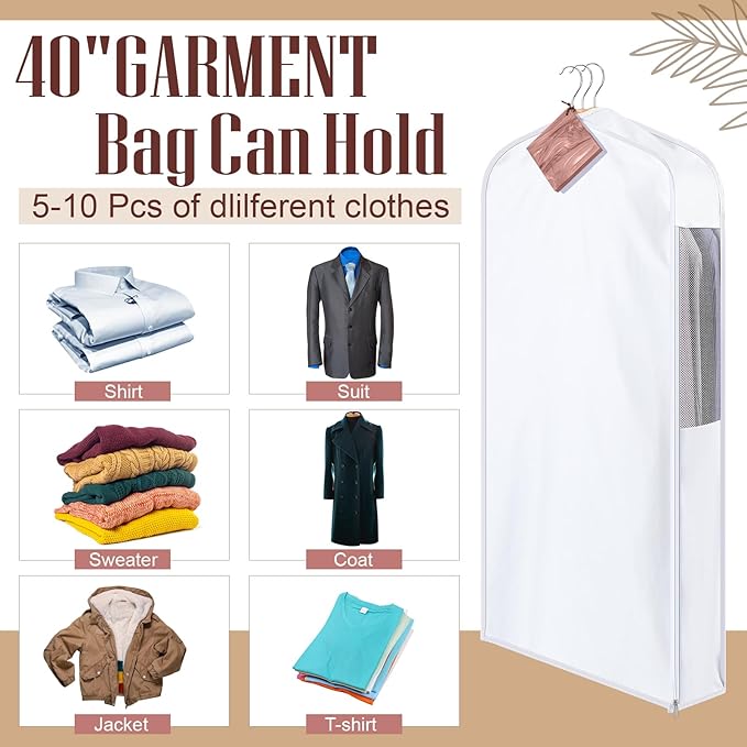 40" Cotton Garment Bag for Hanging and Storage Clothes with 4 Cedar Blocks for Fresh Smell and Moth Protection, Breathable Hanging Storage Bag for Suit Sweater Gown Fur Coat, 6'' Wide, White