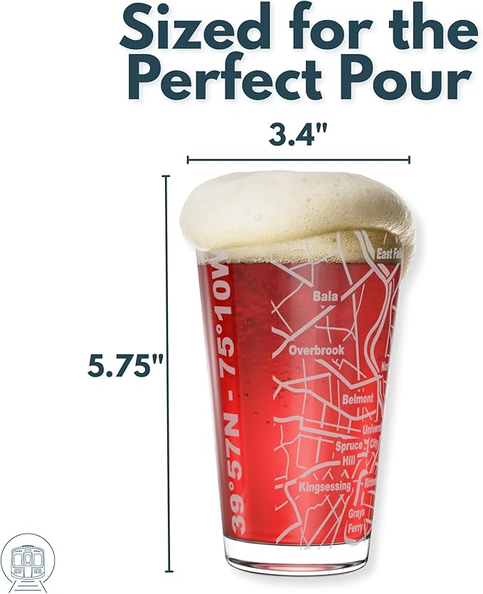 Greenline Goods – Philadelphia, PA Map Pint Beer Glasses (Set of 2), 16 oz – Etched Wrap Design