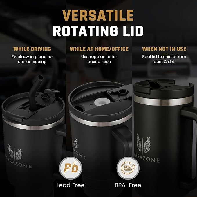 40 oz Insulated Tumbler with Handle and Straw – Stainless Steel Double Wall Vacuum Cup Fits Car Cup Holder, Hot Cold Travel Mug, BPA Free Reusable Water Bottle for Men Women - Midnight Black