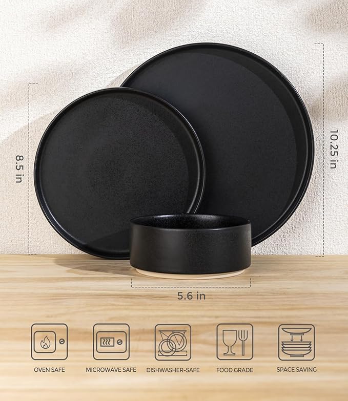 TheTerra Ceramic Dinnerware Sets for 4, 12 Pieces Handmade Reactive Glaze Plates and Bowls Set, Scratch Resistant Dish Set, Oven & Microwave & Dishwasher Safe, Matte Black