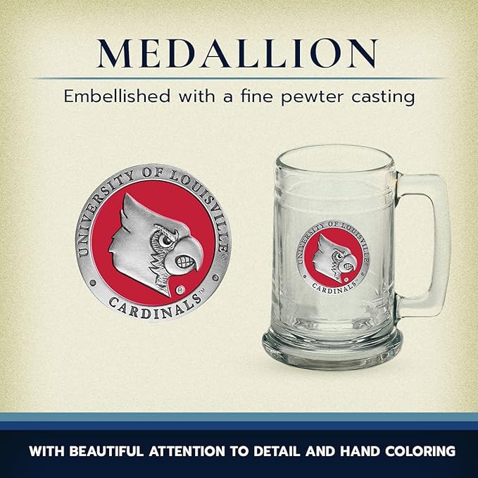Louisville Beer Stein Glass | 15 Ounce German-Style Beer Glass | Intricately Crafted Metal Pewter Alma Mater Inlay By Heritage Pewter