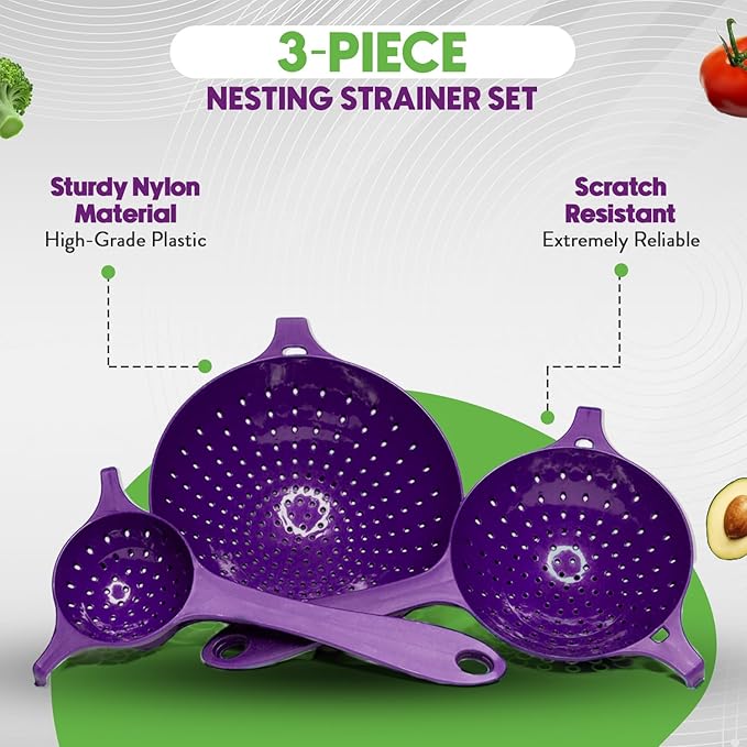 Crisp 3 Piece Nesting Strainer Set - Plastic, Durable Kitchenware, Dishwasher Safe - Made in the USA - Purple