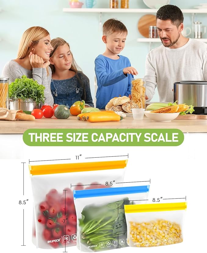 IDEATECH 12Pack Food Storage Bags Dishwasher Safe, BPA Free Reusable Snack Bags, Leakproof Reusable Gallon Freezer Bags for Lunch,Travel(2Gallon 4Quart 4Snack, Colored)