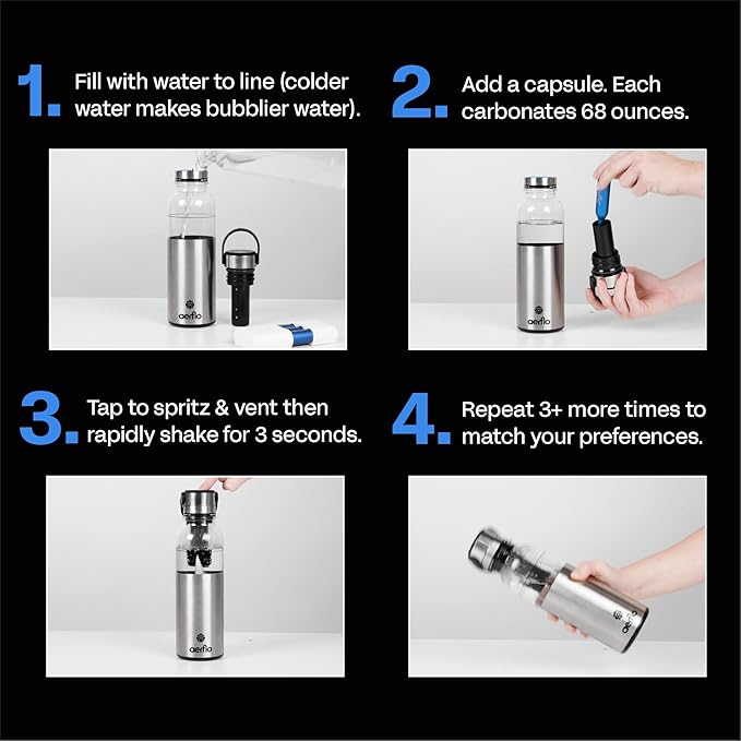 Portable Soda Maker - Sparkling Water Maker with 17 oz Bottle | On-Bottle Carbonator | Stainless Steel & Tritan | Refillable CO2 Capsules