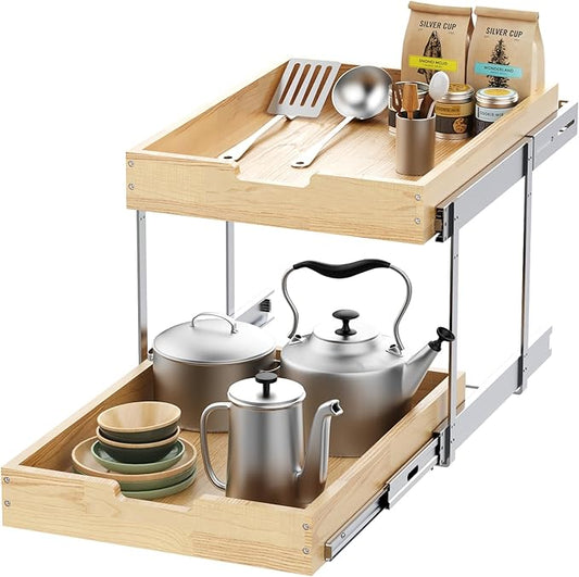 Wood Pull Out Cabinet Organizer 2 Tie 23" W x 21" D, Heavy-Duty Sliding Drawers for Inside Cabinets Storage and Organization for Kitchen, Pantry, Bathroom
