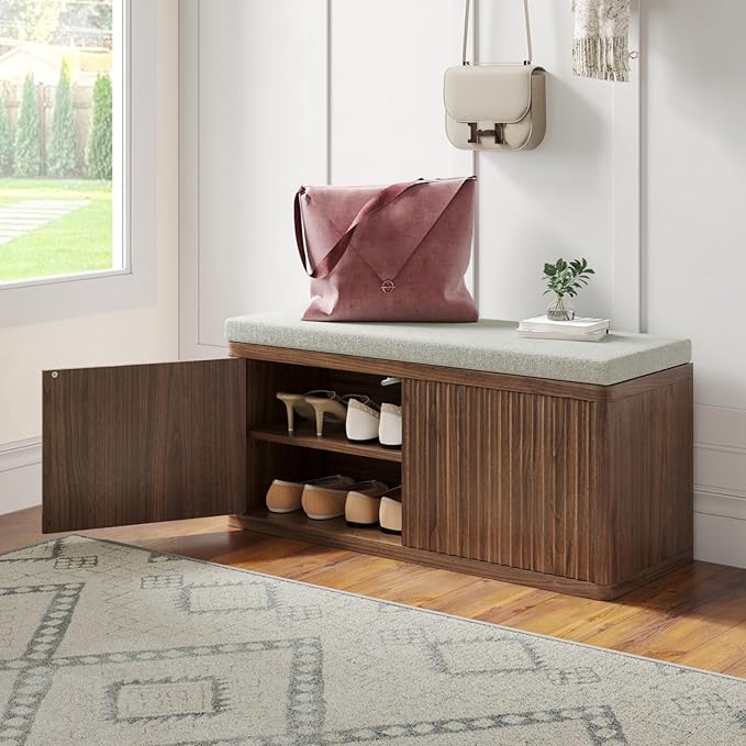Entryway Shoe Storage Bench with 2" Cushion, 37.4" Small Bench with Shoe Rack, Cabinet Organizer for Hallway，Bedroom End of Bed,Walnut