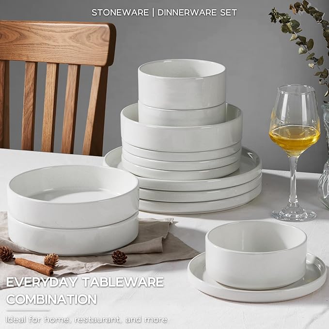 Stoneware Dinnerware Sets for 2, Onader Speckled Plates and Bowls, 8 Pieces Ceramic Dish Dinner Set with Pasta Bowl, Microwave & Dishwasher Safe - Cloud White