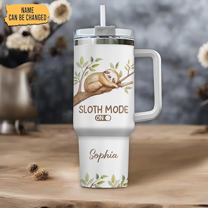 Personalized Sloth Tumbler 40oz with Handle & Straw - Lazy Themed & Funny Saying Tumbler - Cute Valentine Mother Father's Day Birthday Gifts - Custom Name Stainless Steel Travel Coffee Cup