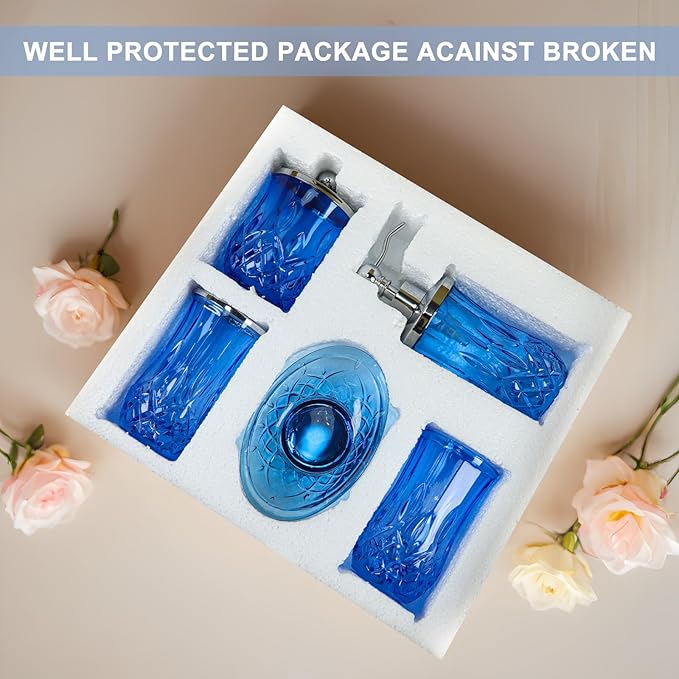 Bathroom Accessories Set,5 Pcs Blue Glass Bathroom Accessory Set,Complete Lotion Soap Dispenser,Toothbrush Holder,Soap Dish,Tumbler & Jar,Modern Bathroom Decor Sets,Gift for Home Apartment,Round