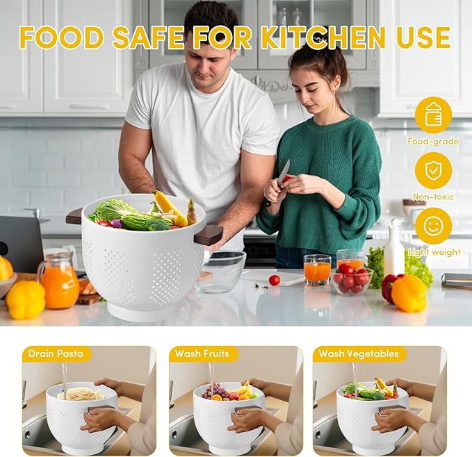 Metal Colander with Wood Handle & Self-Draining Base | 5.8QT Large Pasta Strainer for Kitchen | Scratch-Resistant Powder Coated Steel Basket for Vegetables, Fruit, Berries (White)