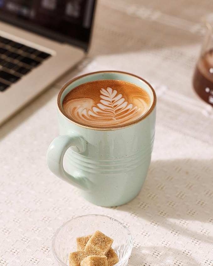 famiware Jupiter Coffee Mugs Set of 4, 14 OZ Coffee Mug, Microwave and Dishwasher Safe, Coffee Cups with Handle for Coffee, Tea, Cocoa, Milk, Light Green