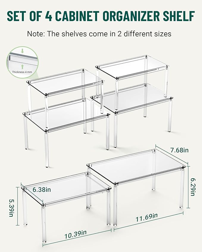 Acrylic Cabinet Organizer, Set of 4 Spice Rack Organizer for Cabinet, Desk Countertop Shelf Organizer, Pantry Kitchen Storage and Organization, Stackable Shelves House Essentials for Gift