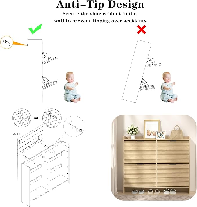 Large Shoe Storage Cabinet with 4 Flip Drawers, Wood Freestanding Shoe Organizer for Entryway Hidden Narrow Shoe Rack Cabinet, Nature Oak